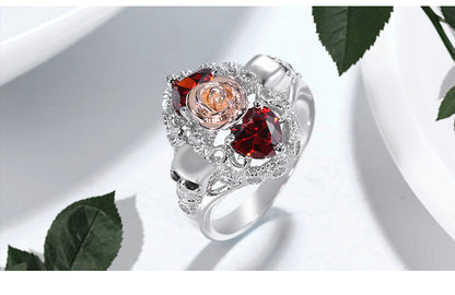 Rose Skull Ring Heart Shape Red Zircon Punk Ring Accessories