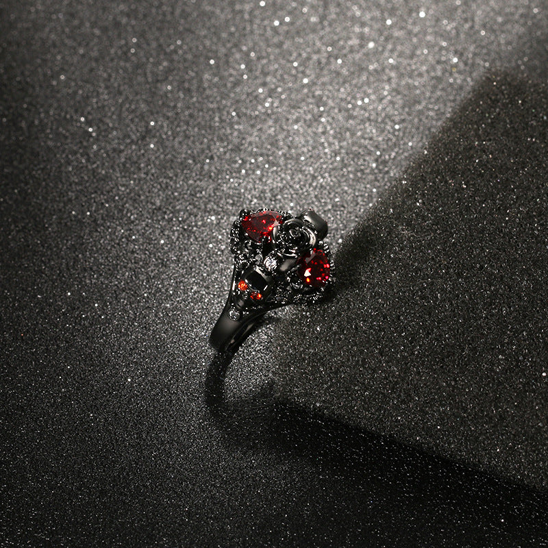 Rose Skull Ring Heart Shape Red Zircon Punk Ring Accessories