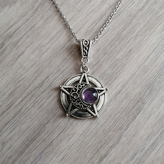 Pentagram Crescent Crystal Pendant Necklace
